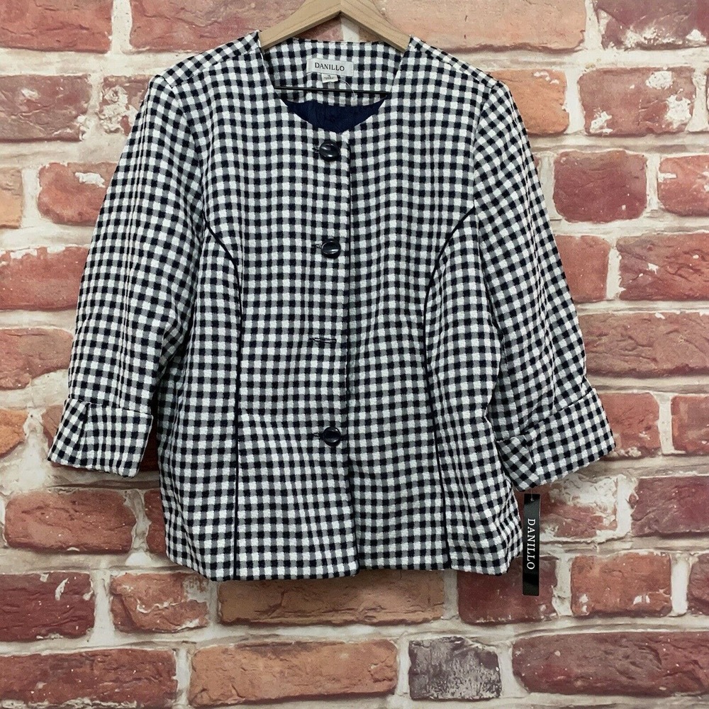 Danillo Blazer Women's Size 16 Navy Blue White Gingham Plaid Long Sleeve Jacket